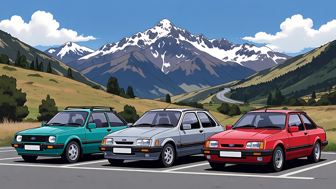 Classic cars parked in the Southern Alps, New Zealand